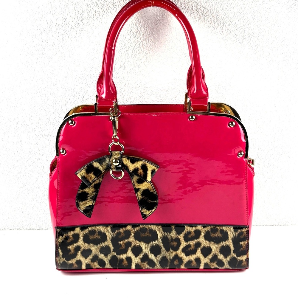 Michael Kors Satchel Womens Large Pink Leopard Print Patent Leather Bow *Rare* - Picture 1 of 6